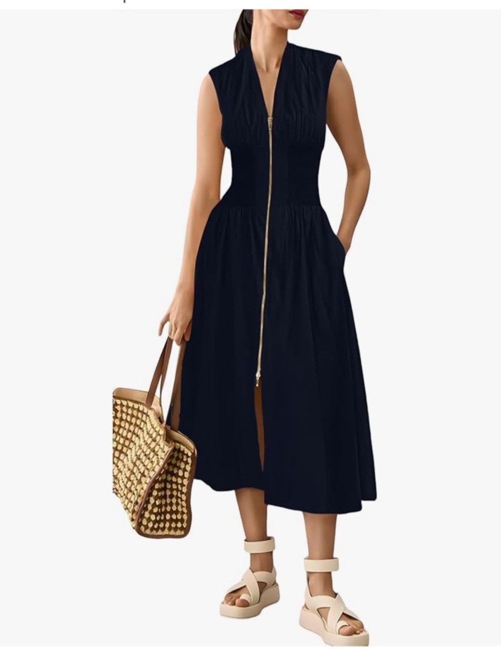 🔥 RARE by Anthropologie The Tommie Zip-Front Midi Dress - Navy Storm - M